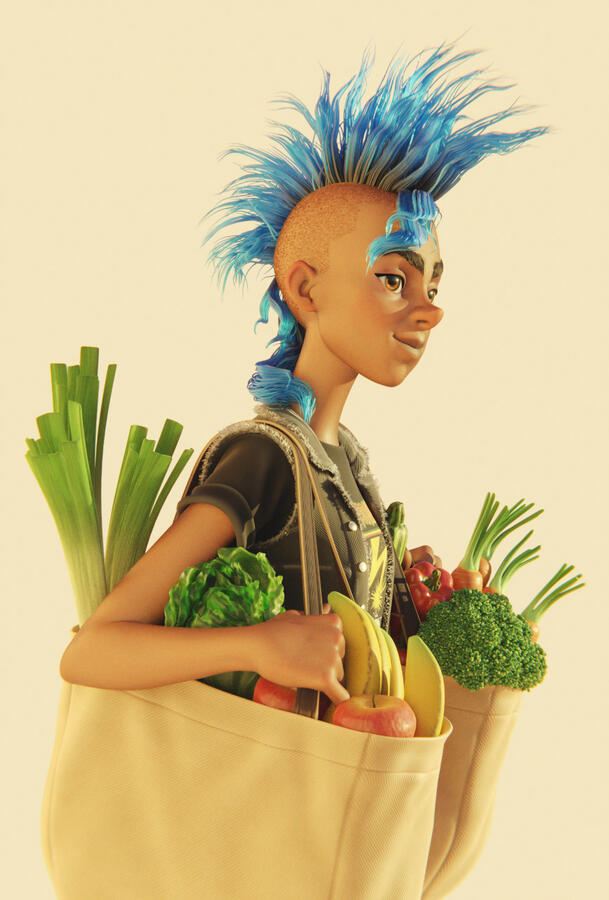 3d illustration of a punk girl with her veggies purchased on the street market.