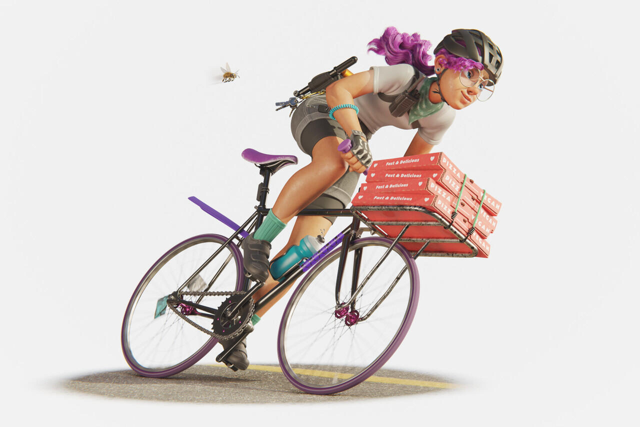 3d illustration of a girl delivering vegan pizza on a bike followed by a bee.