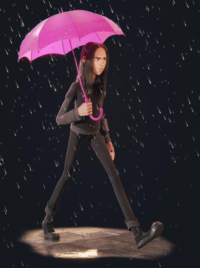 3d illustration of a metal guy walking on the rain with a pink umbrella.