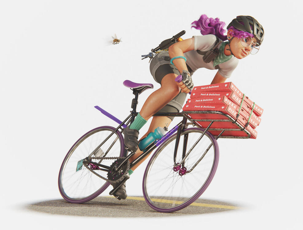 3d illustration of a girl delivering vegan pizza on a bike followed by a bee.