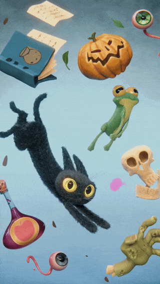 Free .blend of a black cat, a frog, a skull and other witch 3d objects.
